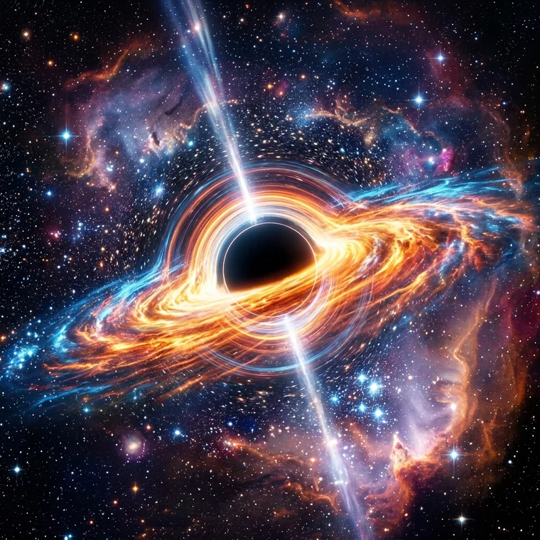 A black hole surrounded by a glowing disk and stars